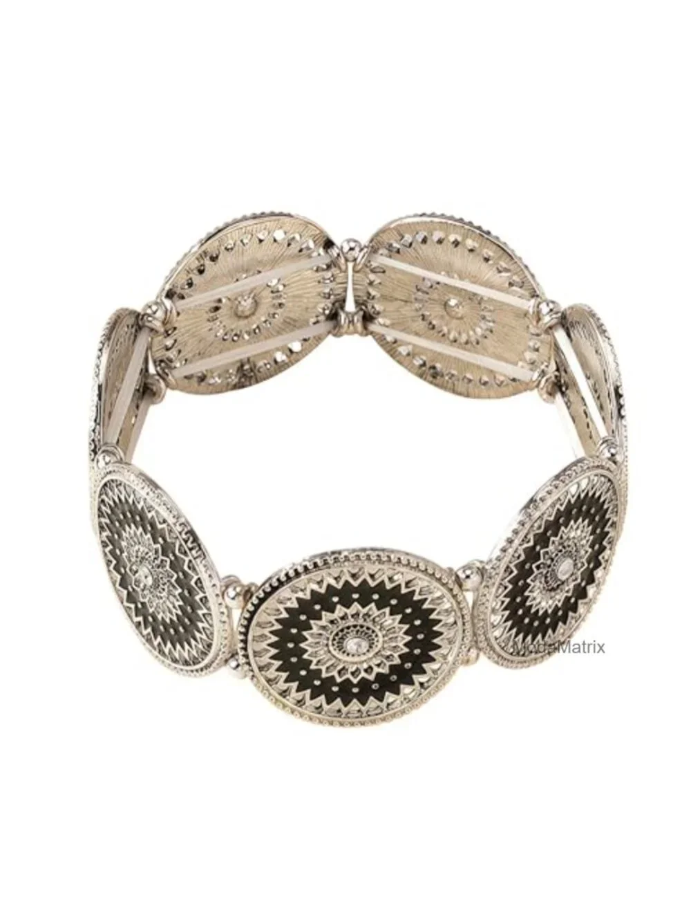 Vintage Stretch Cuff Bracelet Silver Tone Black Enamel Floral Medallion Crystal